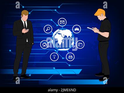 graphics design concept two businessman standing with hold smartphone connection online technology on cloud computing vector illustration Stock Vector