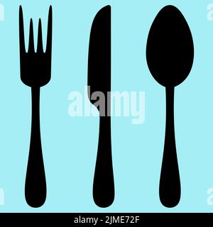 Cutlery. Silhouette. Knife, fork and spoon. Vector set of illustrations. Outline on an isolated blue background. Flat style. Collection of tools Stock Vector