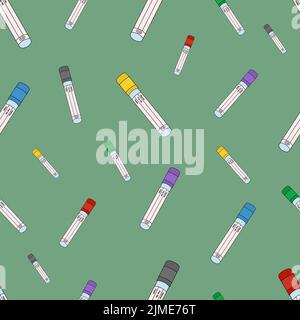 Test tubes. Empty vacuum test tubes for examining patients' blood tests. Seamless vector pattern. Infinitely repeating medical ornament. Stock Vector