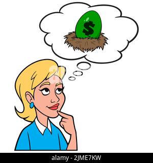 Girl thinking about creating a Nest Egg - A cartoon illustration of a Girl thinking about creating a Nest Egg for retirement. Stock Vector