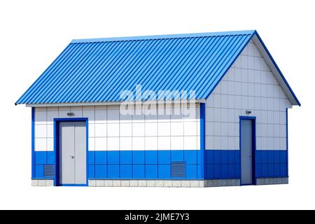 This is a kind of new modern production room made of metal tiles and siding. Modular house. Stock Photo