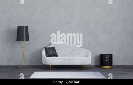 Modern interior of living room for mockup, luxury, loft. Grey sofa, black and gold lamp and bedside table, white carpet, dark ti Stock Photo