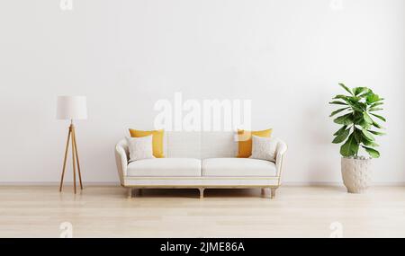 Bright modern living room with white sofa, floor lamp and green plant on wooden laminate. Scandinavian style, cozy interior back Stock Photo