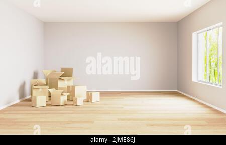 Empty room with moving boxes and window. Moving concept. Room for mockup. 3d rendering. Room with light walls and wooden floor Stock Photo