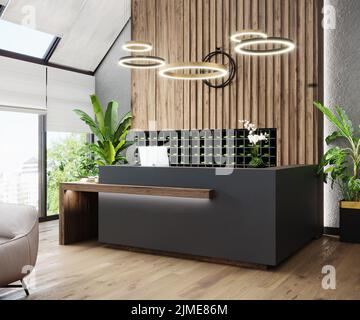 Modern hall interior with reception desk in fitness center with wood panel and panoramic windows, wooden floor, fitness center f Stock Photo