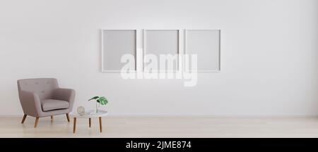 Three empty frames with armchair with white modern coffee table with decoration in bright room for mockup. Living room with 3 em Stock Photo