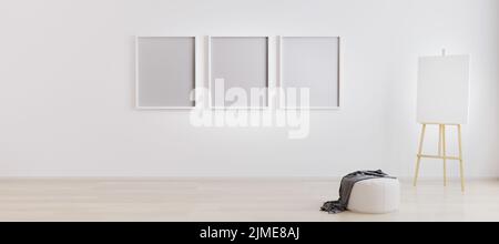 Easel with blank white canvas in the loft interior 3d