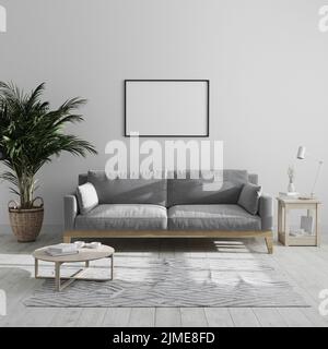 Blank horizontal picture frame mock up in modern minimalist living room interior with gray sofa and palm tree, living room inter Stock Photo