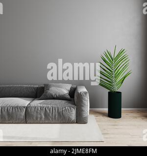 Modern living room interior background, scandinavian style living room mock up with gray sofa and green plant on wooden laminate Stock Photo
