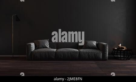 Luxury dark living room interior with gray sofa mock up, modern interior background, empty black wall mockup, 3d illustration Stock Photo