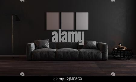 Three blank poster frames mock up in luxury dark living room interior with gray sofa, modern interior background, 3d illustratio Stock Photo