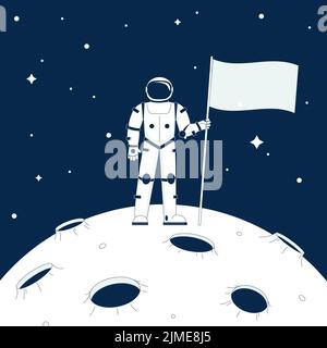 Astronaut standing on moon and holding flag. Space mission, retro cosmonaut background. Flat planet, universe adventure or explore, recent vector Stock Vector