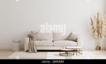 Scandinavian style living room interior mock up, modern living room interior background, beige sofa and pampas grass, 3d renderi Stock Photo