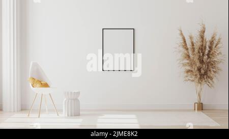 Blank frames on white wall in empty room with column and white chair with yellow pillow, coffee table , 3d rendering Stock Photo