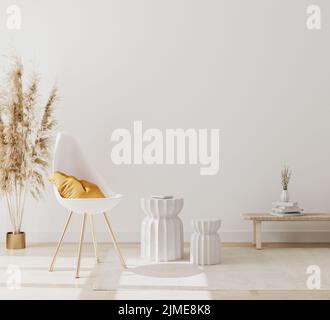 Modern interior background for mock up with empty white wall, chair and pampas grass, luxury living room interior background, sc Stock Photo