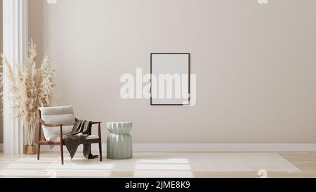 Blank poster frame on wall in minimalist modern living room interior background, living room mock up in scandinavian style, 3d r Stock Photo