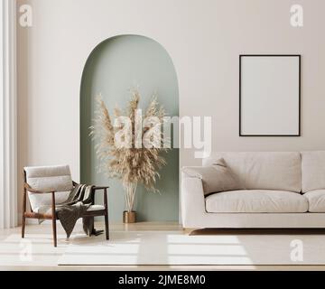 Empty poster frame on beige wall in living room interior with modern furniture and decorative green arch with trendy dried flowe Stock Photo