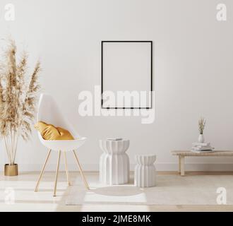 Blank vertical picture frame mockup in modern interior background with empty white wall, chair and pampas grass, luxury living r Stock Photo