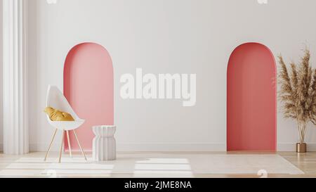 Modern living room interior mock up with decorative pastel pink arches, column, chair with pillow, empty wall mockup, 3d renderi Stock Photo