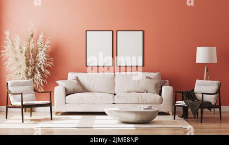 Blank picture frame mock up in red room interior , 3d rendering Stock Photo