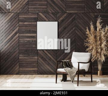 Blank poster frame mock up in empty modern room interior background with wooden decorative panel on the wall and wooden chair wi Stock Photo