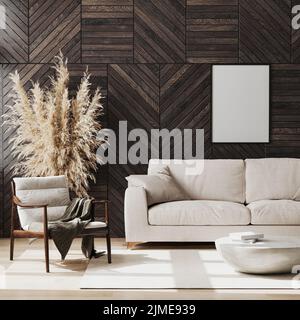 Blank poster frame mock up in modern living room interior with wooden wall panel, wooden chair and beige sofa, decoration, livin Stock Photo