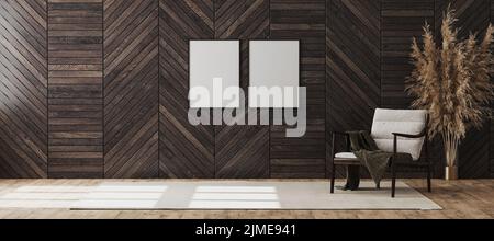 Blank poster frames mock up in empty modern room interior background with wooden decorative panel on the wall and wooden chair w Stock Photo