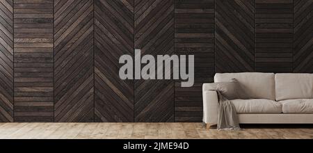 Light beige sofa in modern living room interior background with decorative wooden wall panel, empty room interior, panorama, moc Stock Photo
