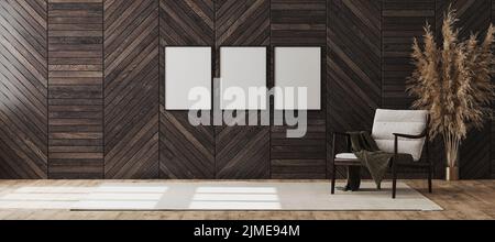 Blank poster frames mock up in empty modern room interior background with wooden decorative panel on the wall and wooden chair w Stock Photo