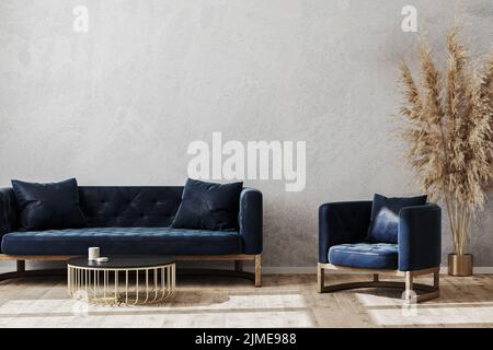 Modern scandinavian style living room interior mock up with dark blue sofa and armchair, living room interior background, 3d ren Stock Photo