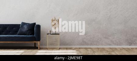 Empty gray wall interior with blue sofa and cofee table with decoration, wooden floor, panoramic, 3d rendering Stock Photo