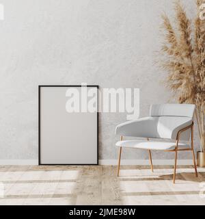 Blank black poster and picture frame on the wooden parquet floor near luxury white and gold chair and pampas grass in vase, whit Stock Photo