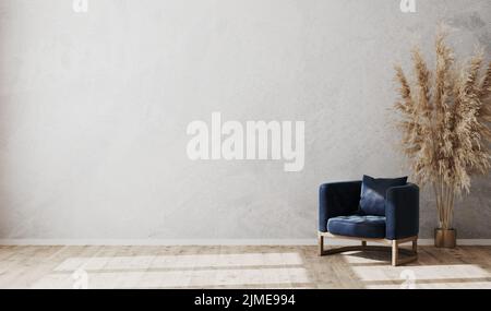 Wide gray concrete empty wall with dark blue armchair, vase and wooden parquet floor, empty room mock up, 3d rendering Stock Photo