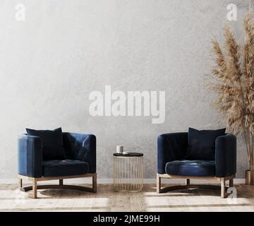 Modern living room interior background mock up, lobby concept, two dark blue stylish armchairs with gold coffee table on wooden Stock Photo