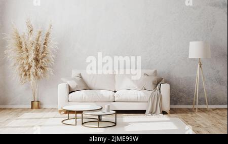 Bright contemporary living room mockup with decorative plaster wall and wooden floor, white sofa, floor lamp and coffee table, l Stock Photo
