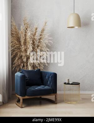 Modern luxury living room interior, dark blue armchair with black and gold coffee table near window on wooden floor, empty gray Stock Photo