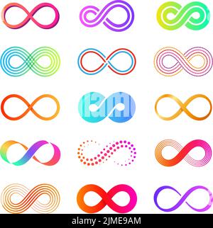 Flat eternity icons. Endless infinity eternal concept symbols, isolated mobius loop colorful collection. Infinite loops, graphic cycle tattoo tidy Stock Vector