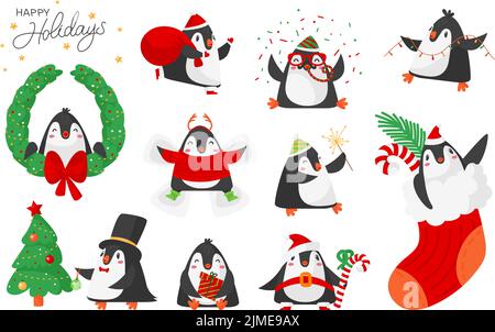 Cute cartoon penguins winter holiday time. Xmas penguin family characters in snow. Cute christmas animals with fir tree, decorations, garland, classy Stock Vector