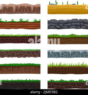 Seamless cartoon grounds. Road games platform, garden lands textures. Foreground gaming design, soil types and rocks garish vector background set Stock Vector