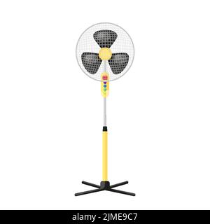 Fan airflow cool wind cold ventilator yellow flat. Electric device foot pedestal home office equipment cooling room ventilation air purification circulation blade rotate climate control smart home Stock Vector