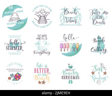 Summer round signs set. Beach badges with different quotes - Hello summer, beach vubes, have a beachy Christmas. Stock vector t shirt prints Stock Vector