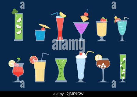 Cocktail set mix. Alcohol cocktails margarita, gin tonic, martini and vodka. Bar drinks flat icons, beverages with berries and citrus cut, recent Stock Vector