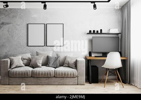 Blank frame in modern interior with gray concrete wall, gray sofa, home workplace with PC and white chair, 3d rendering Stock Photo