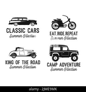 Classic cars badges with various modern and retro vehicles and Summer Collection inscriptions against white background Stock Vector