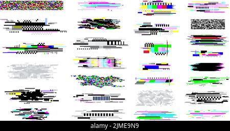 Digital decay elements. Television glitch effects, screen white noise and censored textures. Geometric darkness bright glitches. Pixel error racy Stock Vector