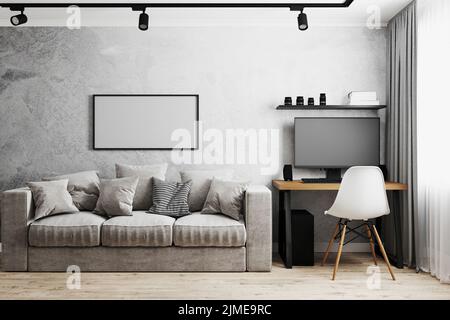 Blank frame in modern interior with gray concrete wall, gray sofa, home workplace with PC and white chair, 3d rendering Stock Photo