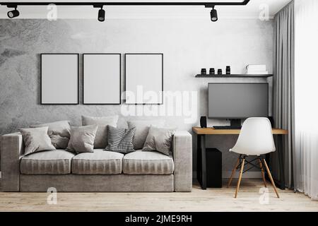 Blank frame in modern interior with gray concrete wall, gray sofa, home workplace with PC and white chair, 3d rendering Stock Photo