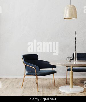 Modern interior design of room with table and dark blue chairs, wooden floor and gray decorative plaster wall, cafe, restaurant Stock Photo