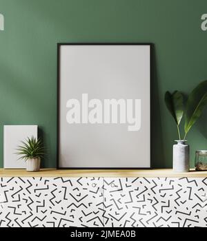 Poster frame mockup with green wall and tropical leaves, 3d rendering Stock Photo