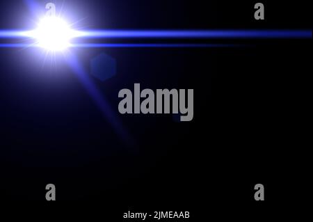 flare for photography and anamorphic lens flare. Blue Lens flare and light beam on dark background. Lens Flare on black background. lens effects for o Stock Photo